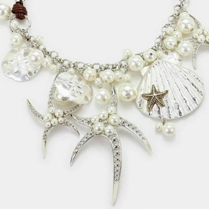 Pearl Starfish Shell Silver Multi-Charm Necklace Set