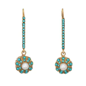 Persian Turquoise Cultured Pearl Earrings Vintage 18k Yellow Gold Drops Jewelry