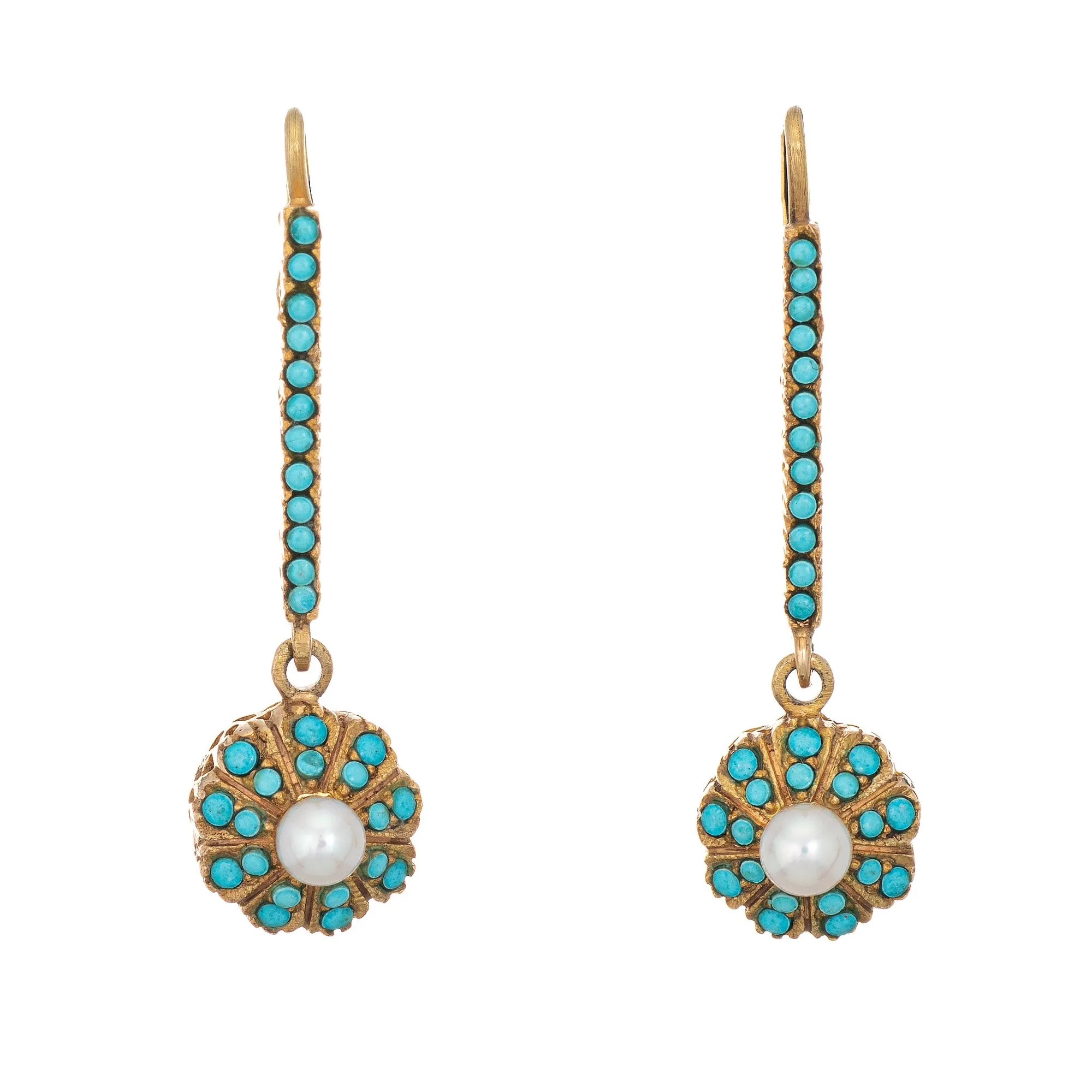 Persian Turquoise Cultured Pearl Earrings Vintage 18k Yellow Gold Drops Jewelry