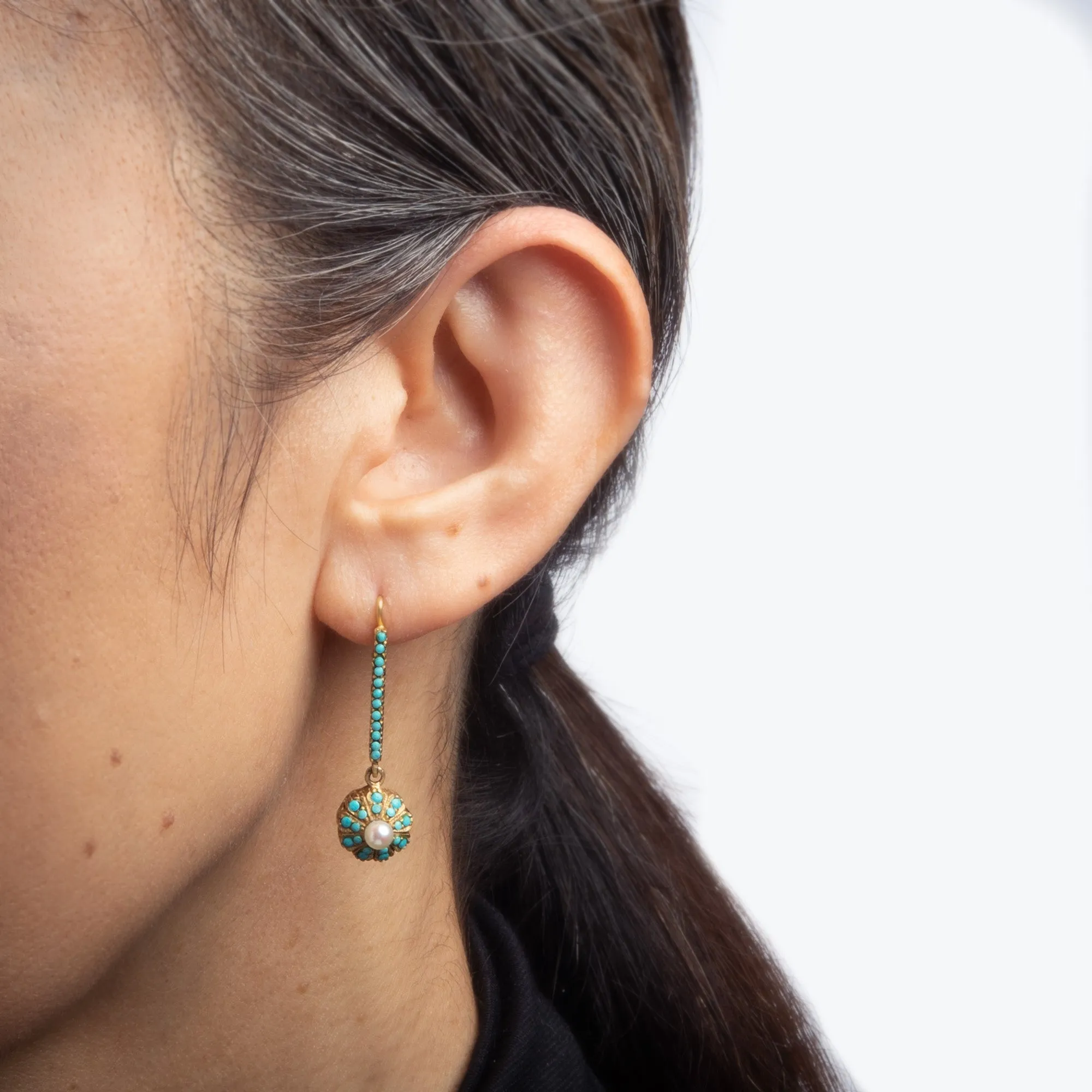 Persian Turquoise Cultured Pearl Earrings Vintage 18k Yellow Gold Drops Jewelry