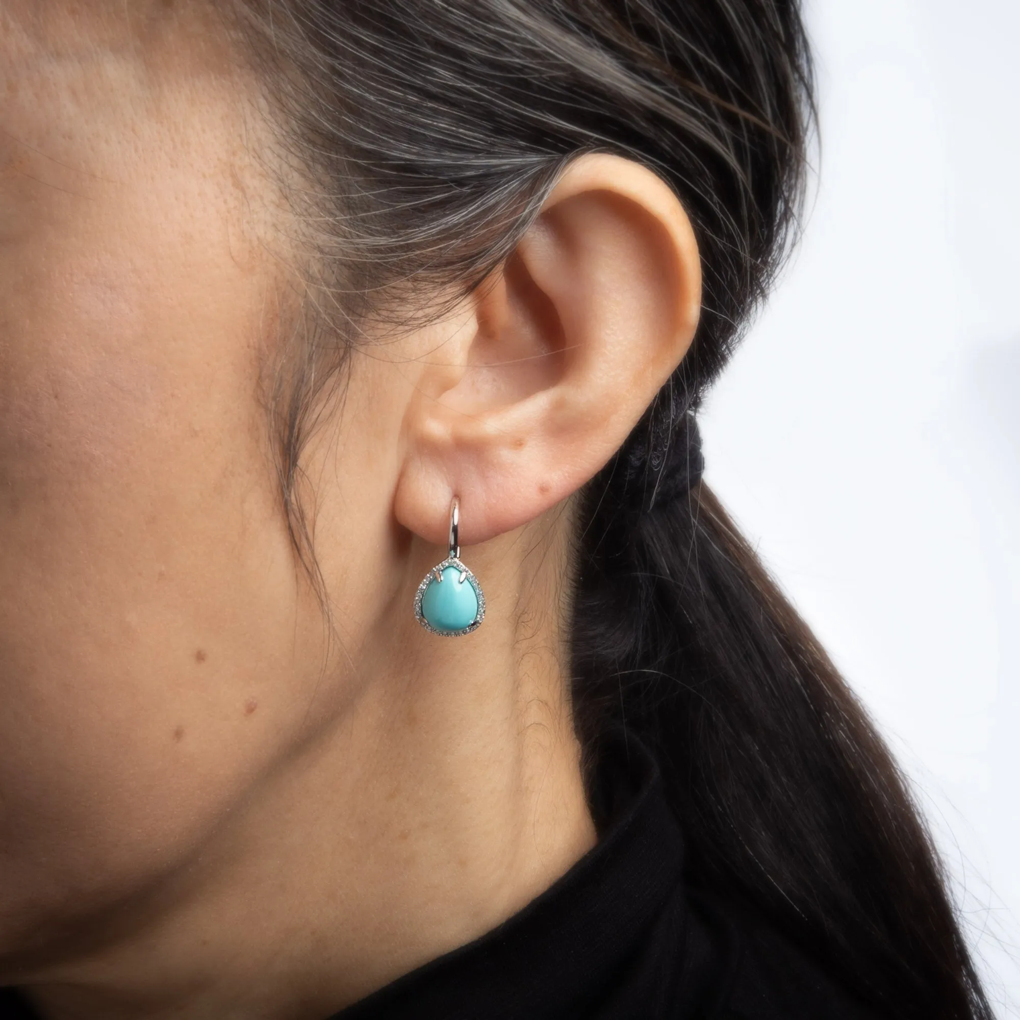 Persian Turquoise Diamond Earrings Estate 14k White Gold Pear Shaped Jewelry