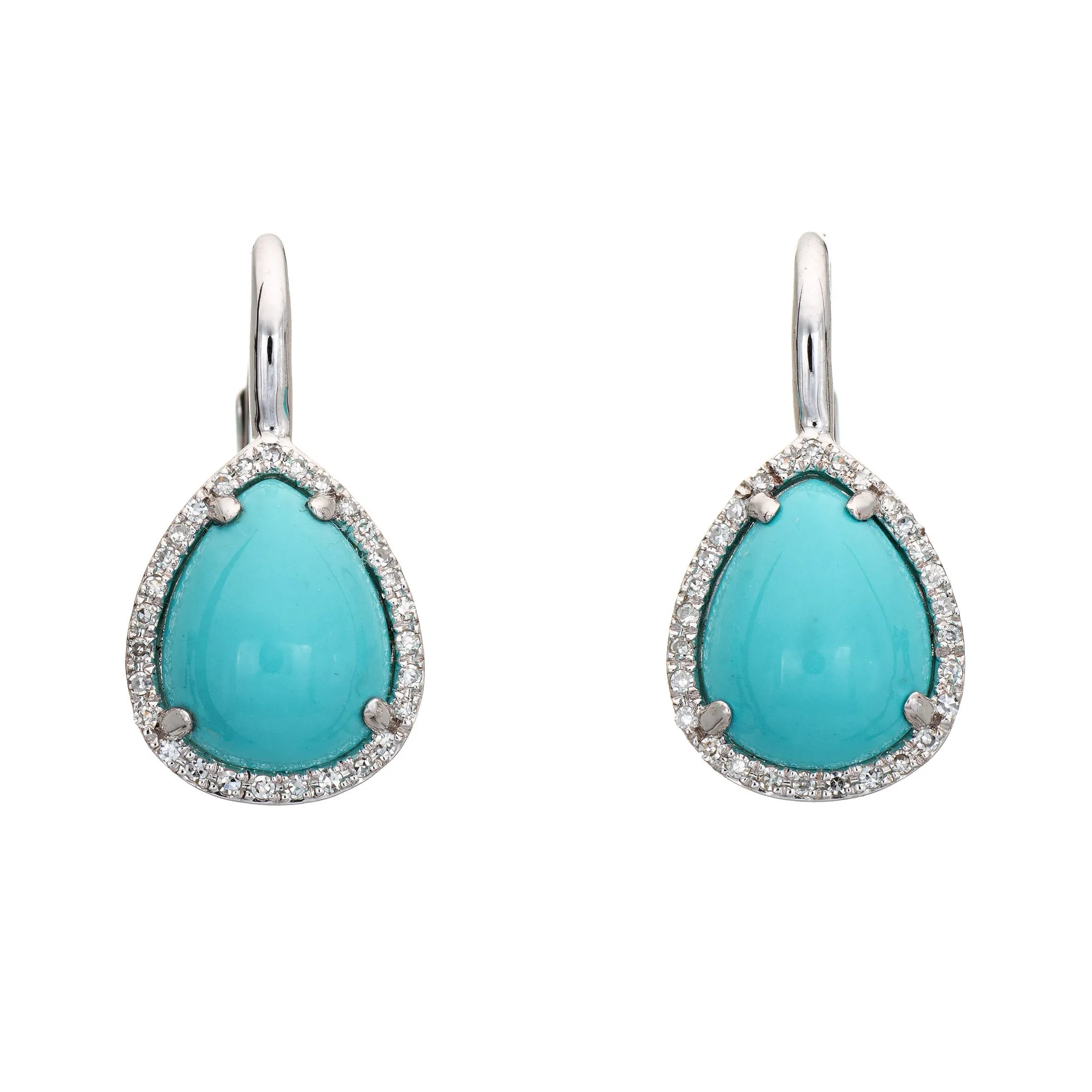 Persian Turquoise Diamond Earrings Estate 14k White Gold Pear Shaped Jewelry