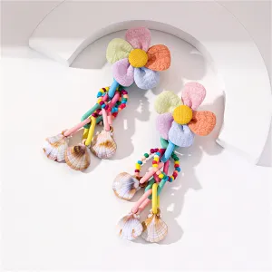 Pink & Blue Howlite Shell-Accent Flower Tassel Drop Earrings