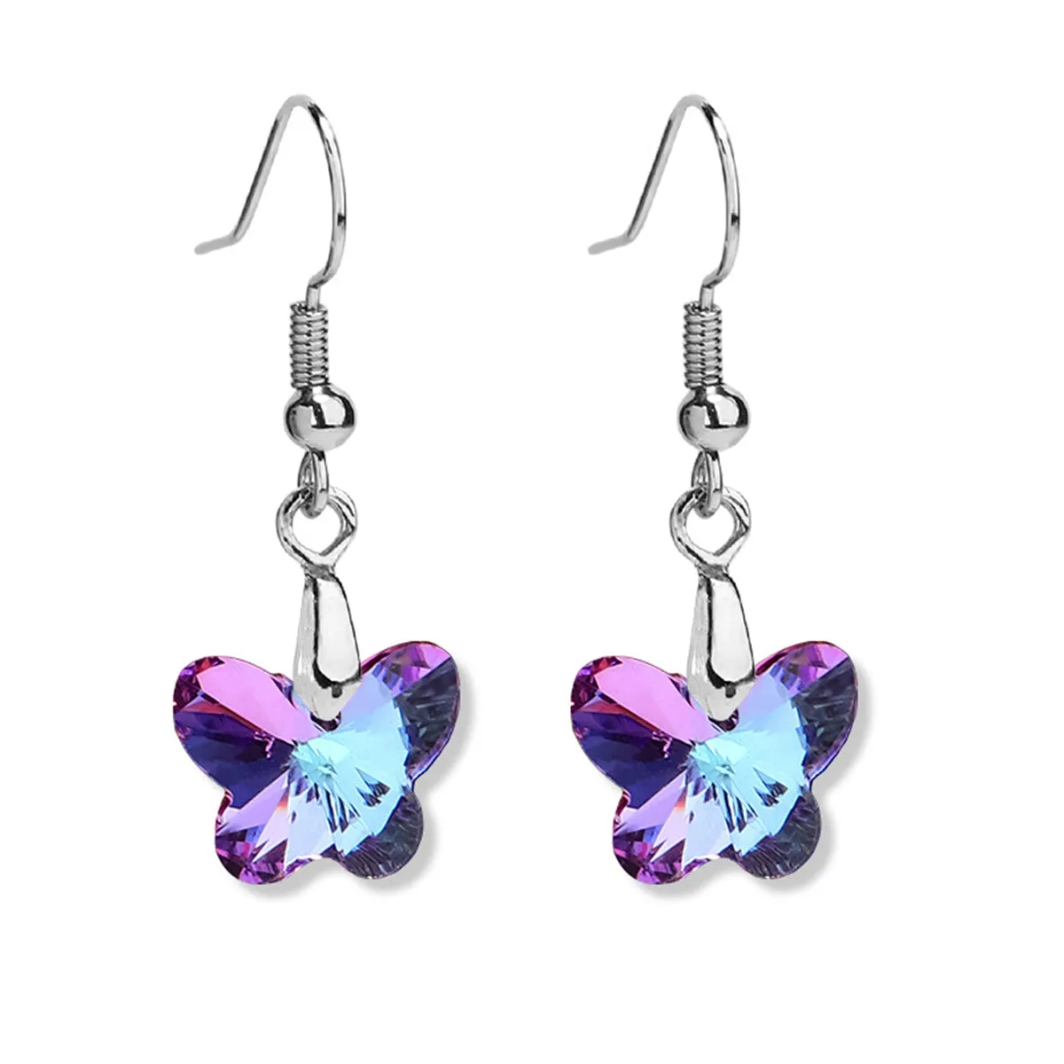 Pink & Purple Crystal Silver-Plated Butterfly Drop Earrings