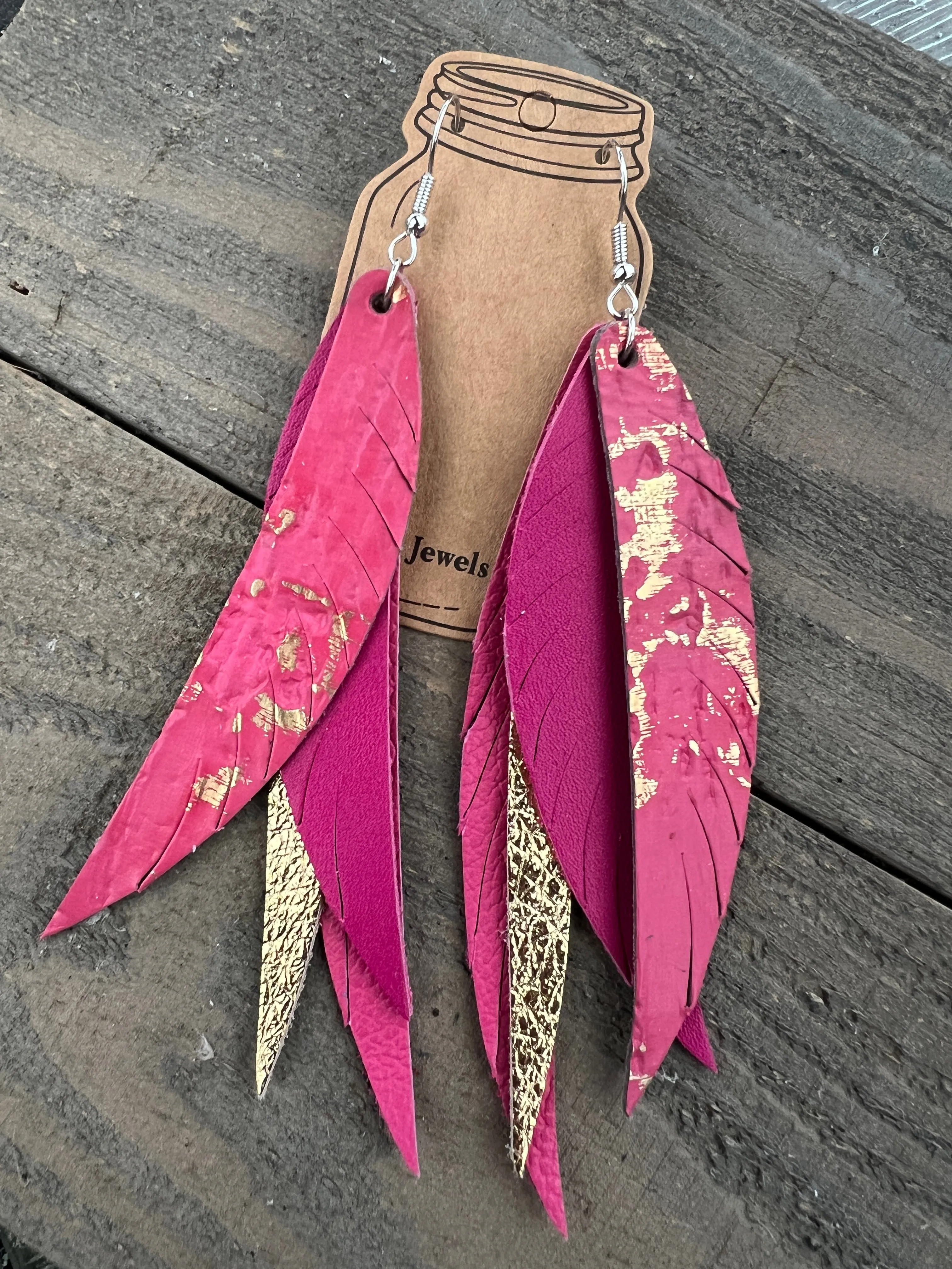Pink and Gold Stacked Fringe Feather Earrings