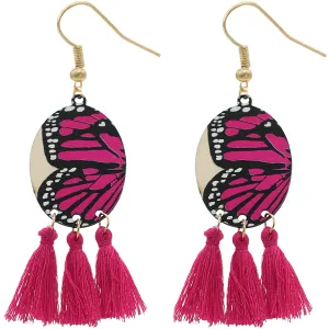 Pink Butterfly Tassel Wooden Dangle Earrings