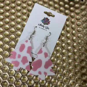 Pink Cow Print Christmas Tree Earrings