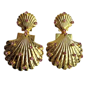 Pink Crystal Gold Shell Earrings