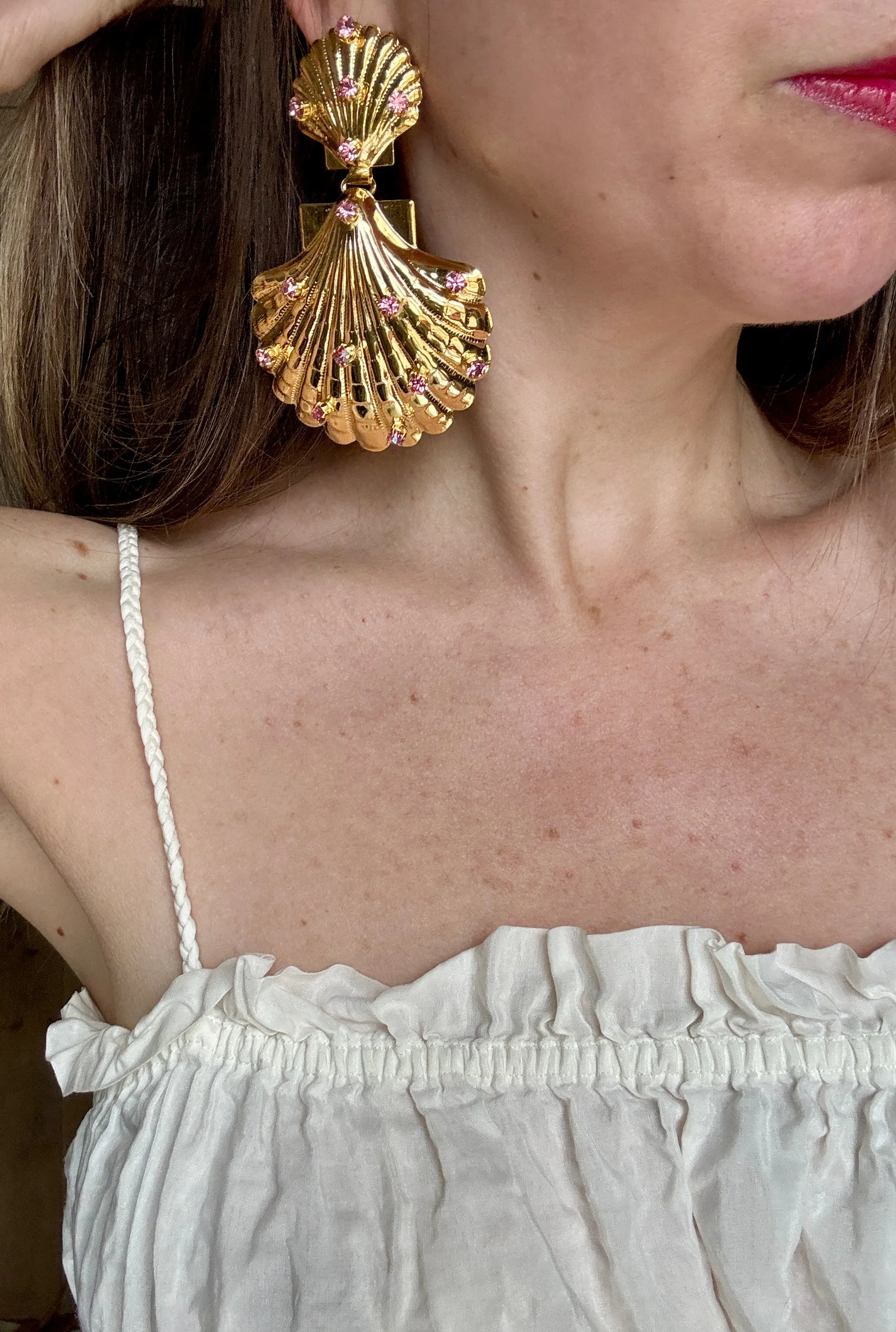 Pink Crystal Gold Shell Earrings