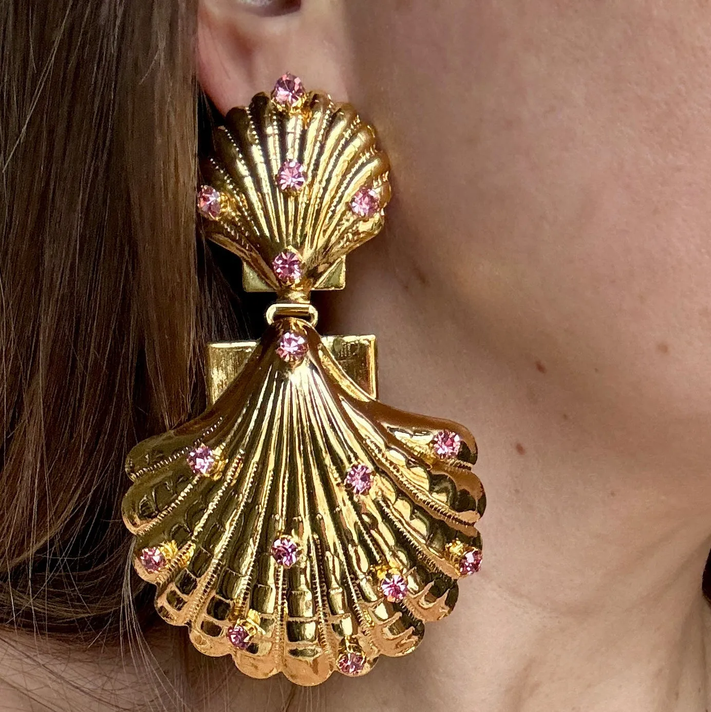 Pink Crystal Gold Shell Earrings