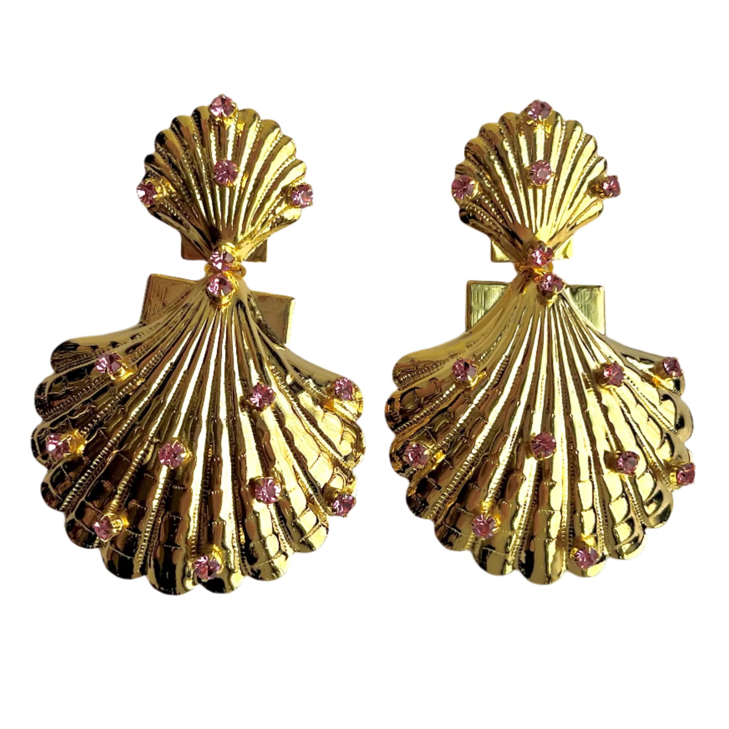 Pink Crystal Gold Shell Earrings