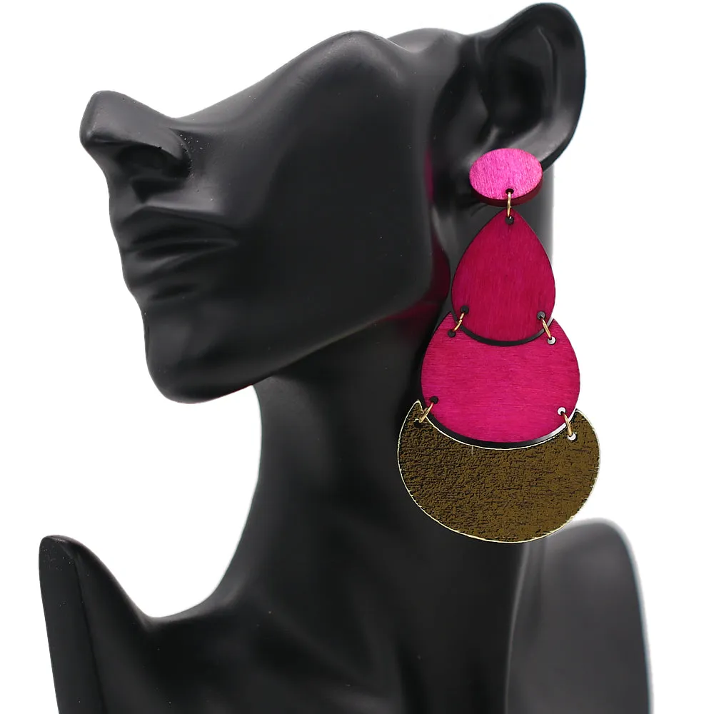 Pink Geometric Wooden Link Earrings