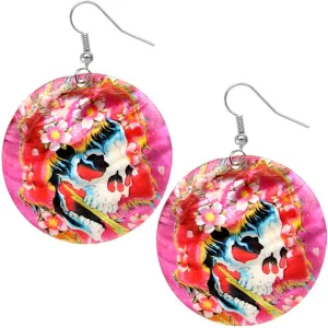 Pink Iridescent Skeleton Skull Flower Shell Earrings