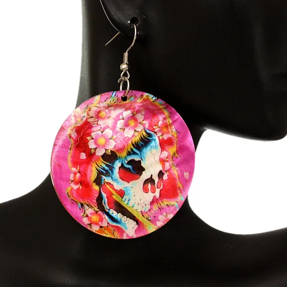Pink Iridescent Skeleton Skull Flower Shell Earrings