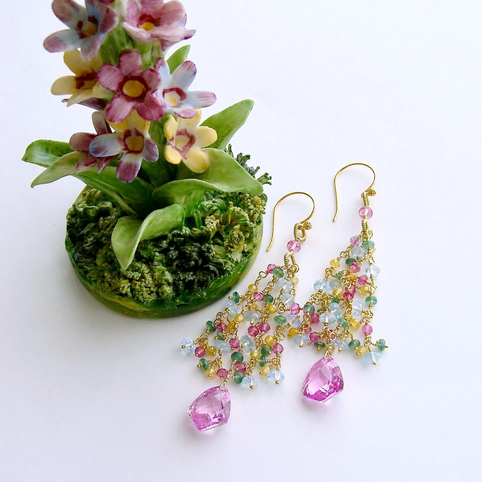 Pink Topaz Tassel Earrings Emerald Blue Topaz Yellow Zircon - Delphine Tassel Earrings
