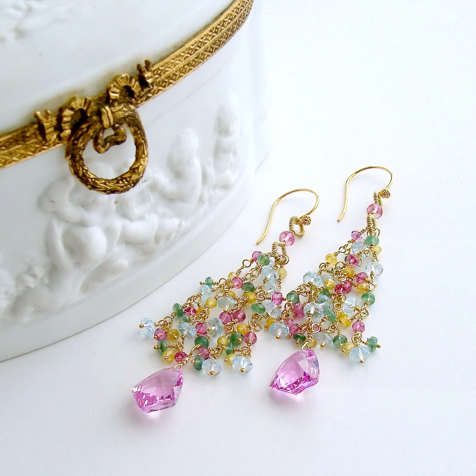 Pink Topaz Tassel Earrings Emerald Blue Topaz Yellow Zircon - Delphine Tassel Earrings