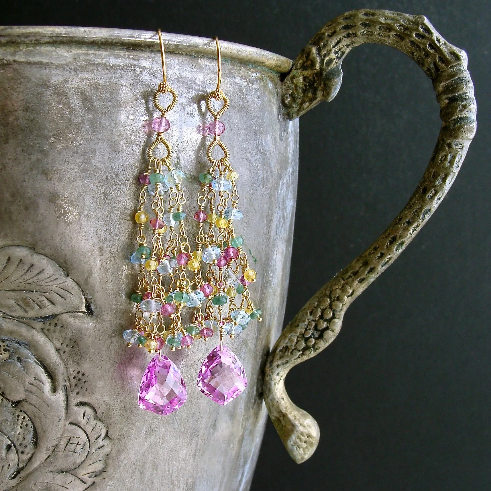 Pink Topaz Tassel Earrings Emerald Blue Topaz Yellow Zircon - Delphine Tassel Earrings