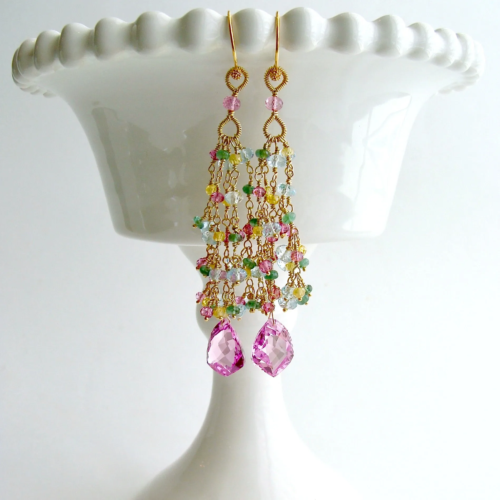 Pink Topaz Tassel Earrings Emerald Blue Topaz Yellow Zircon - Delphine Tassel Earrings