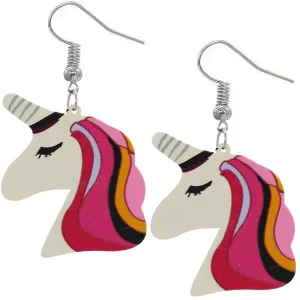Pink Unicorn Rainbow Hair Wooden Earrings