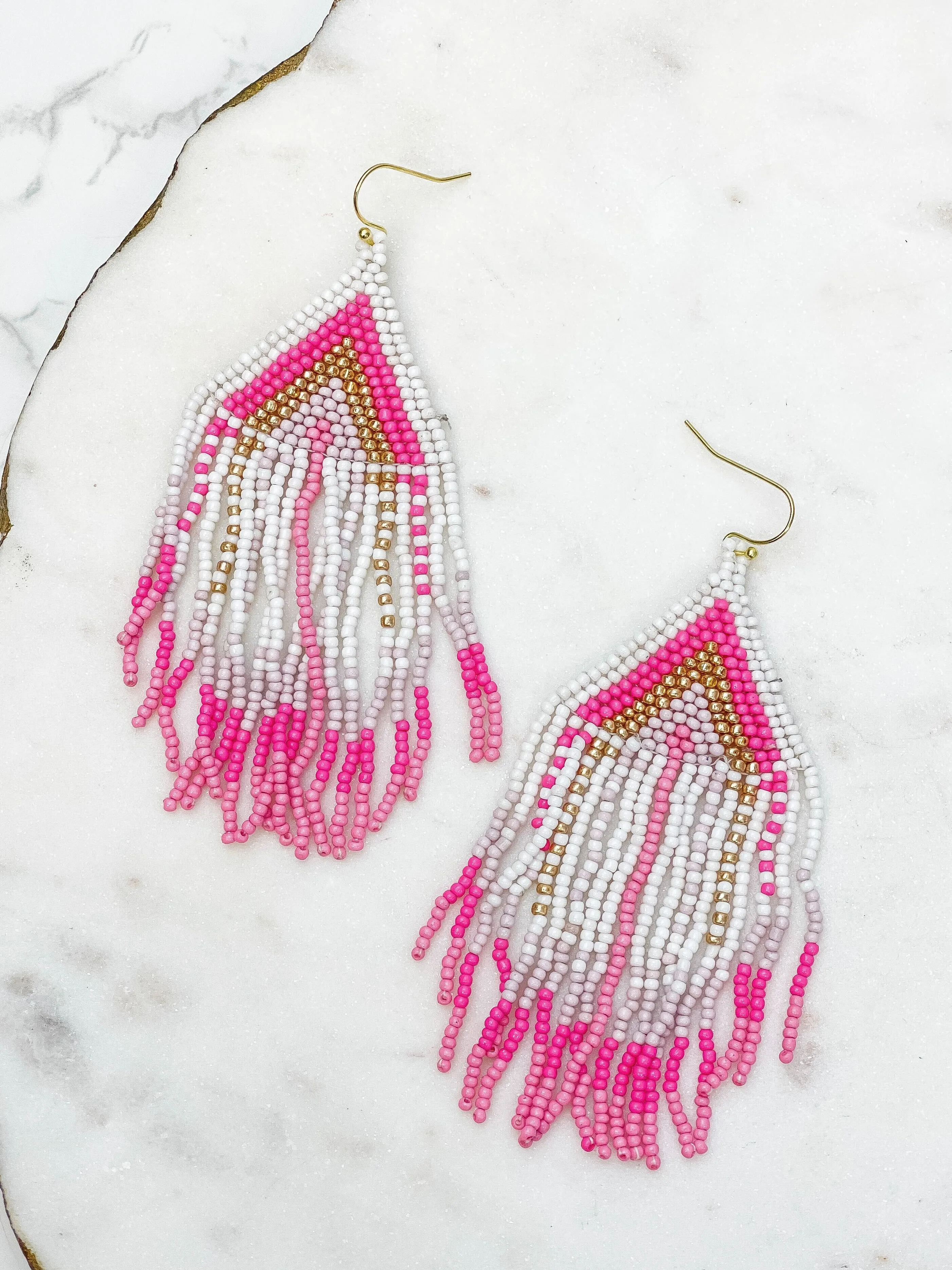 Pink, White & Gold Fringe Seed Bead Dangle Earrings