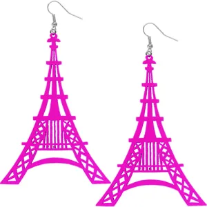 Pink Wooden Paris Eiffel Tower Dangle Earrings