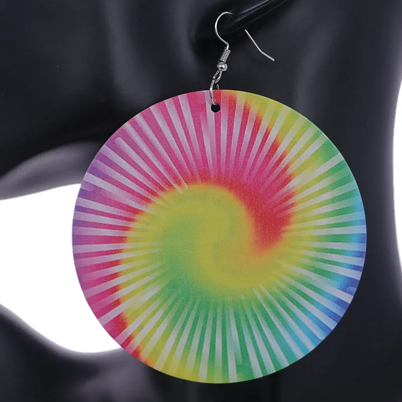 Pink Yellow Multicolor Wooden Spiral Pattern Earrings