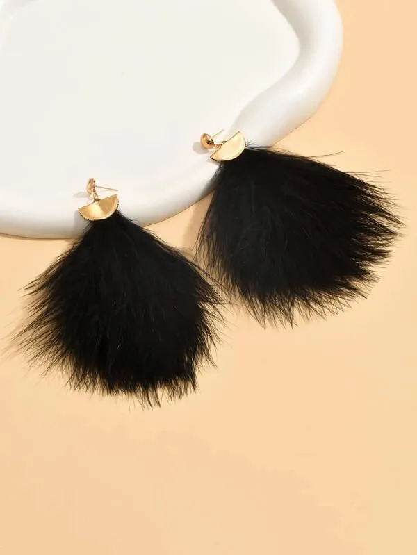 Pom-Pom Style Black Feather Earrings