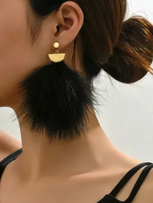 Pom-Pom Style Black Feather Earrings