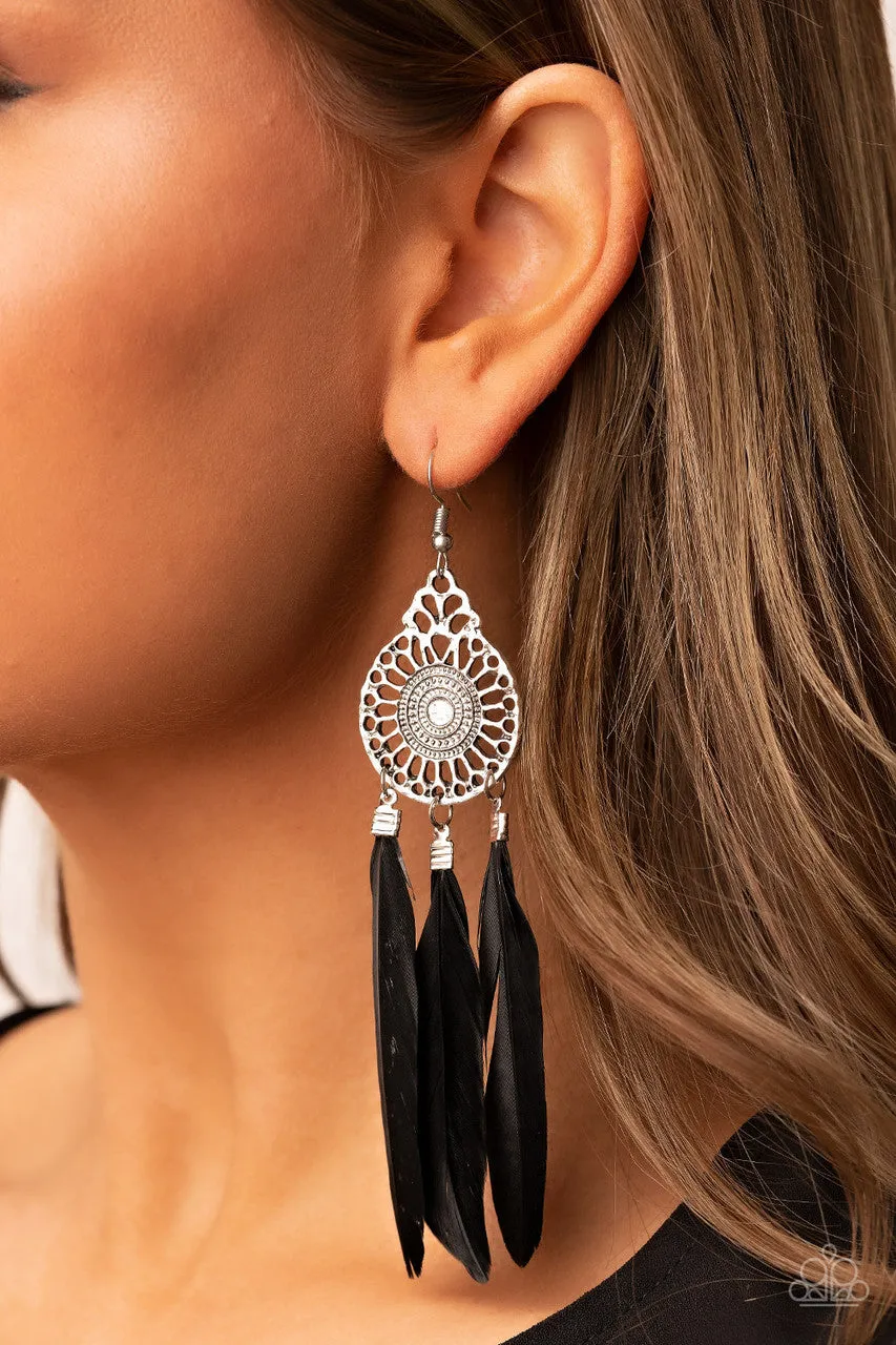 Pretty in PLUMES - Black - Filigree Feather Paparazzi Fishhook Earrings