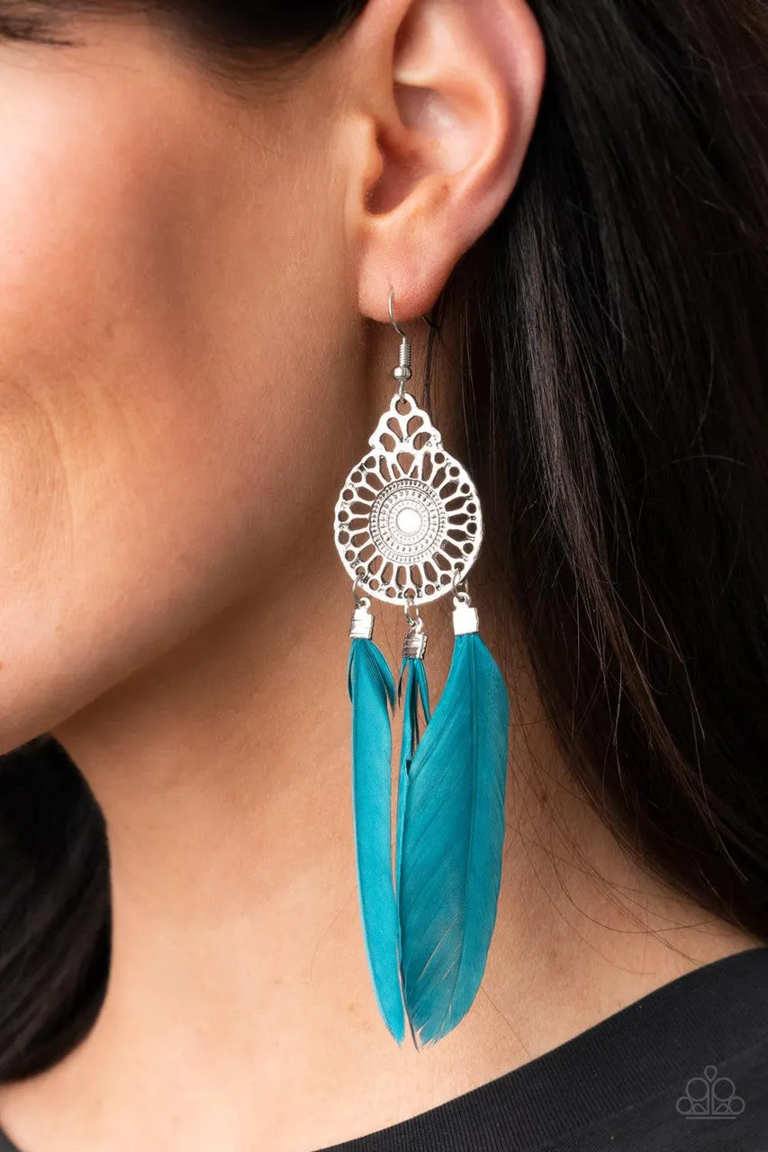 Pretty in PLUMES - Blue - Filigree Feather Paparazzi Fishhook Earrings