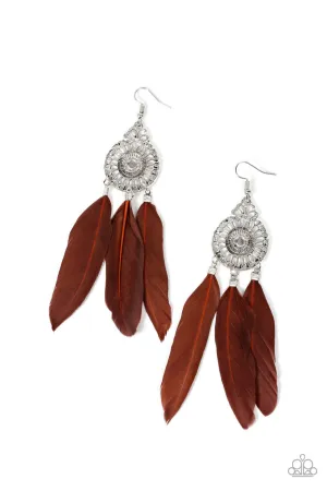 Pretty in PLUMES - Brown - Filigree Feather Paparazzi Fishhook Earrings