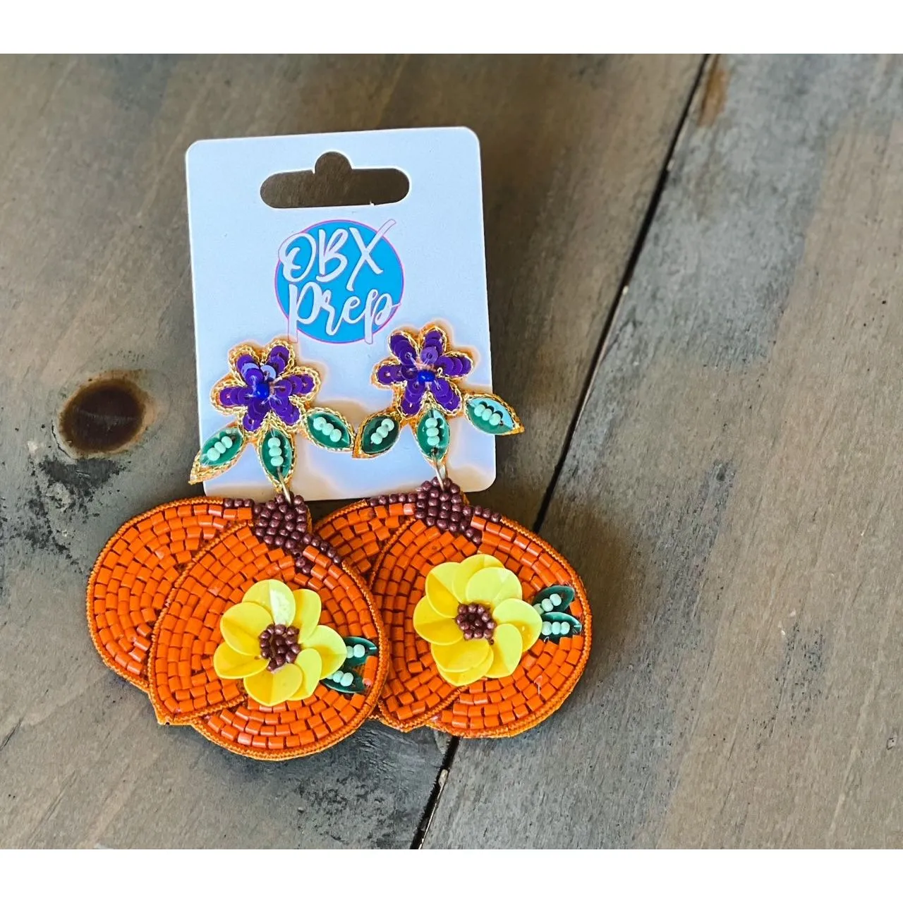Pumpkin with Flowers Seed Beaded Drop Earrings.