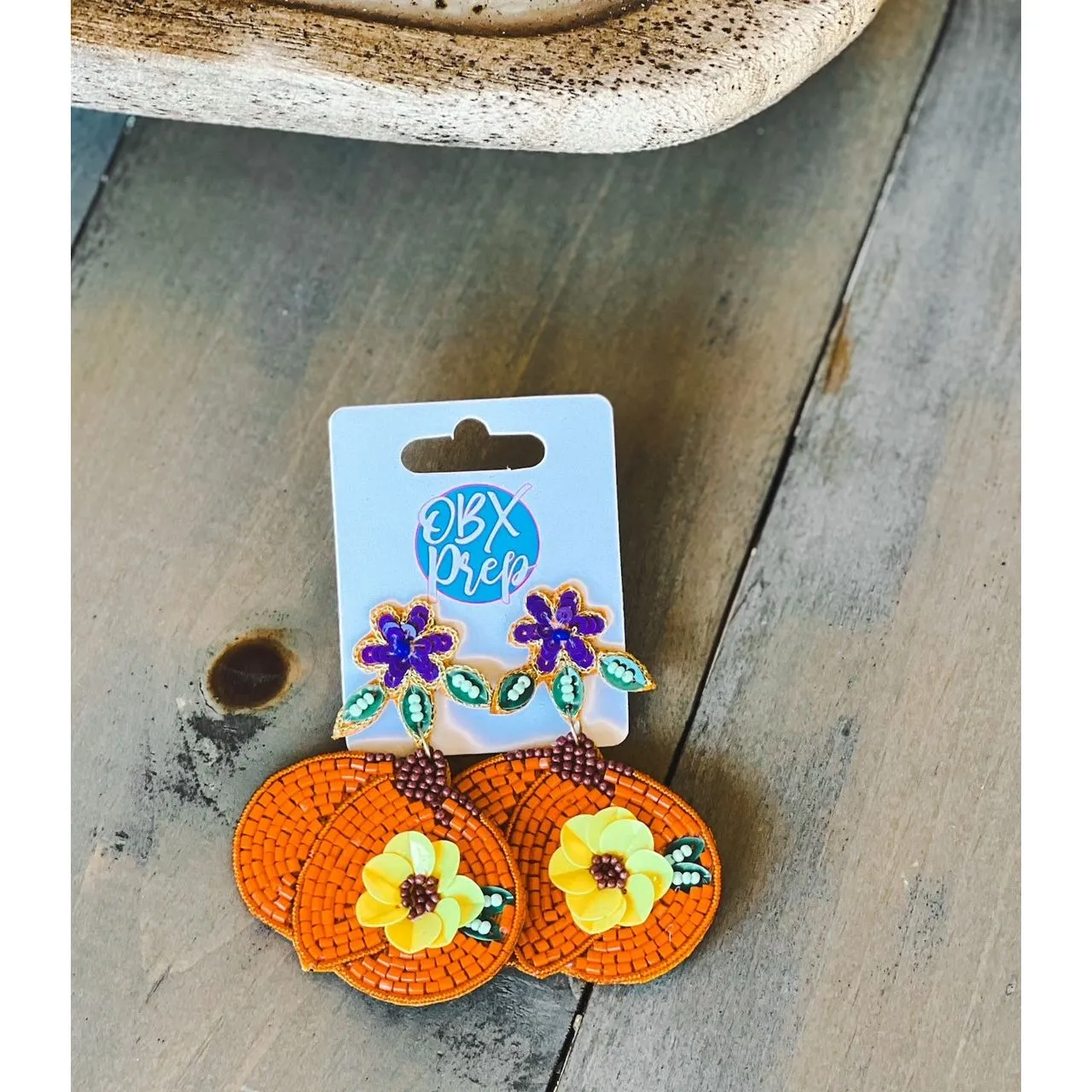 Pumpkin with Flowers Seed Beaded Drop Earrings.
