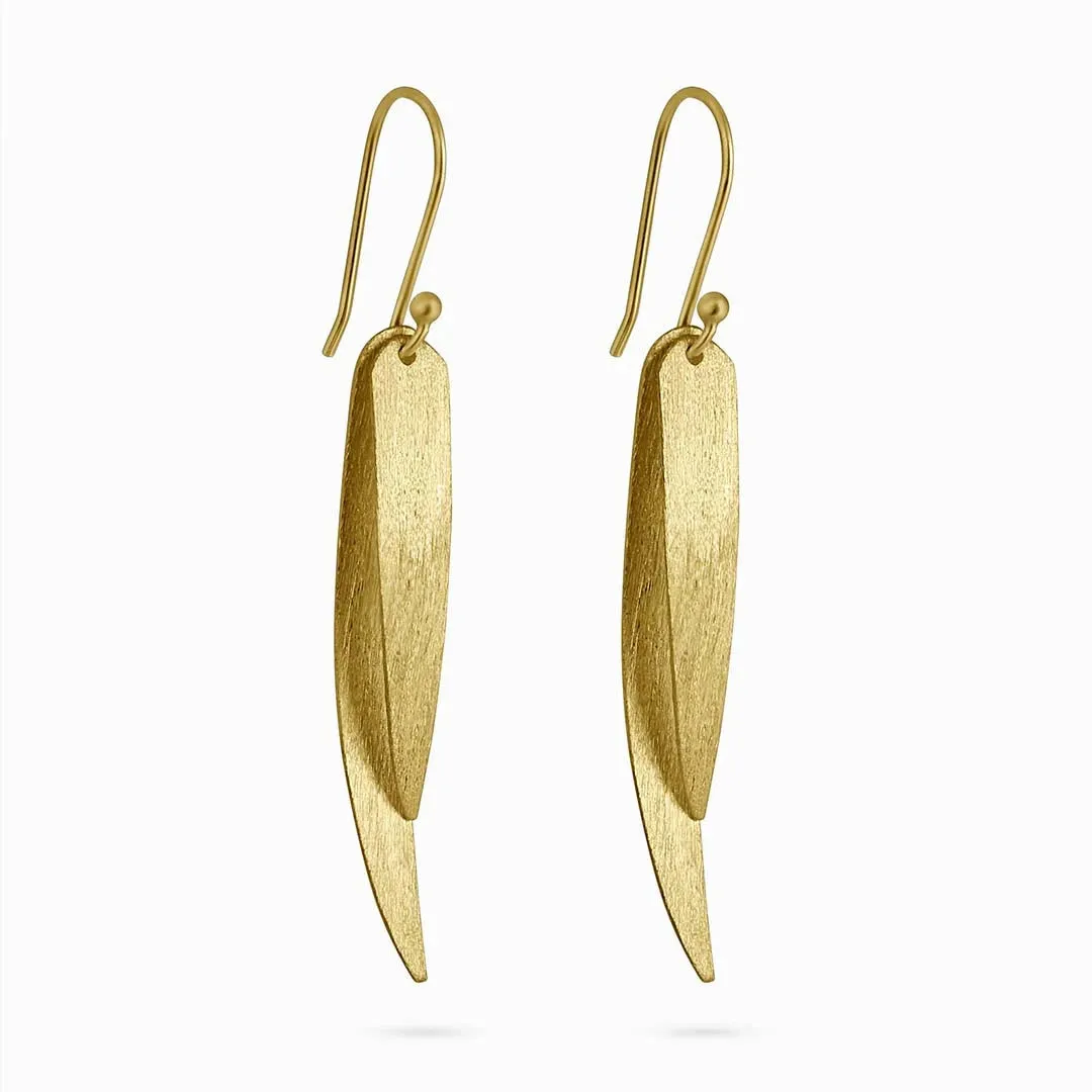 Pure Silver Earrings - Sleek Feather With Gold Plated
