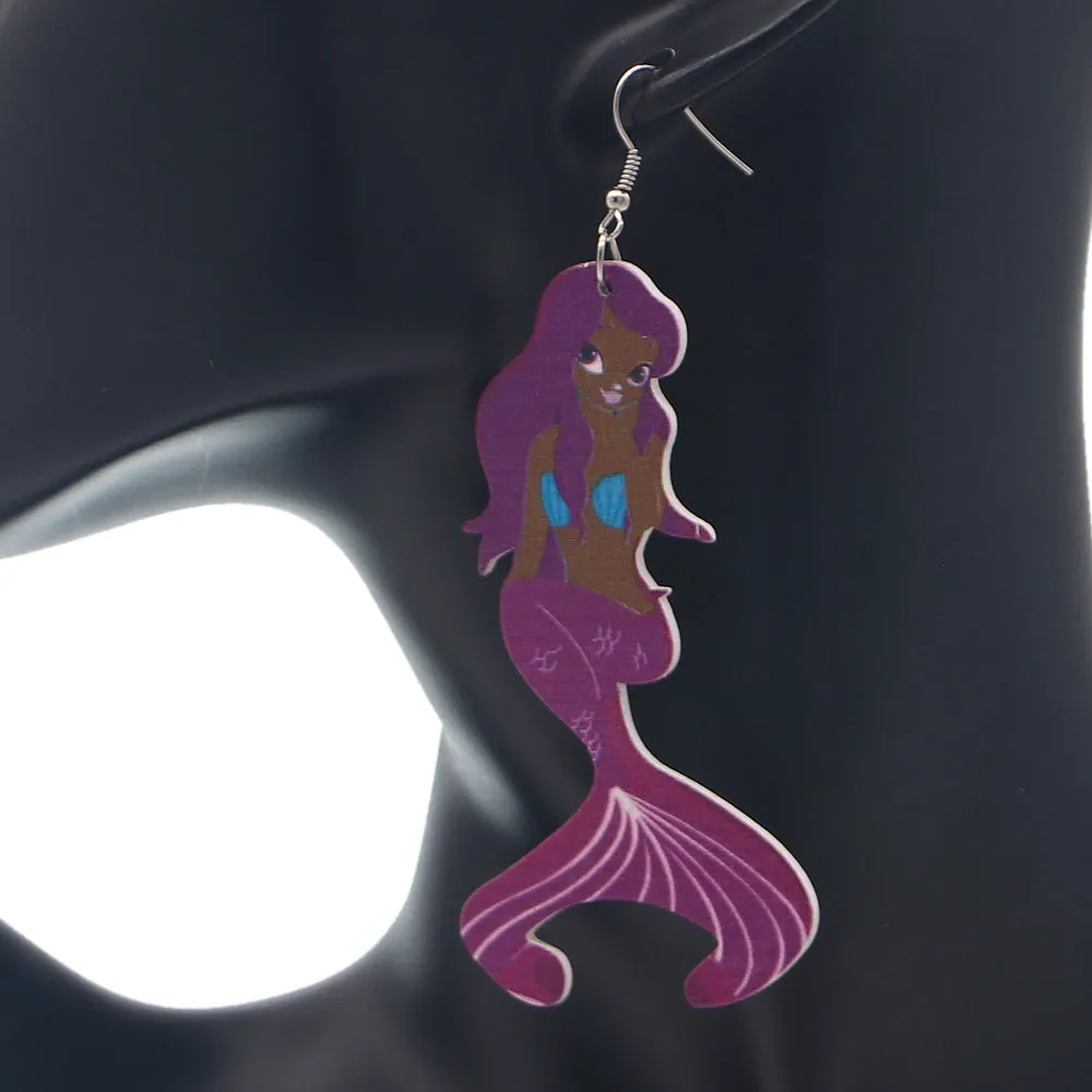 Purple African American Mermaid Wooden Earrings