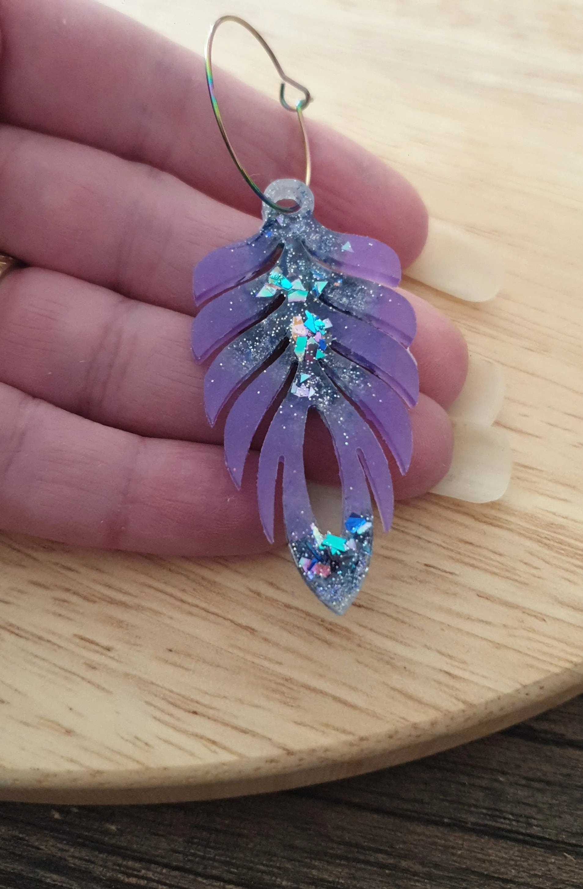 Purple Blue Long Feather Dangle Hoop Earrings, Multicoloured Glitter Resin Dangles, Statement Earrings
