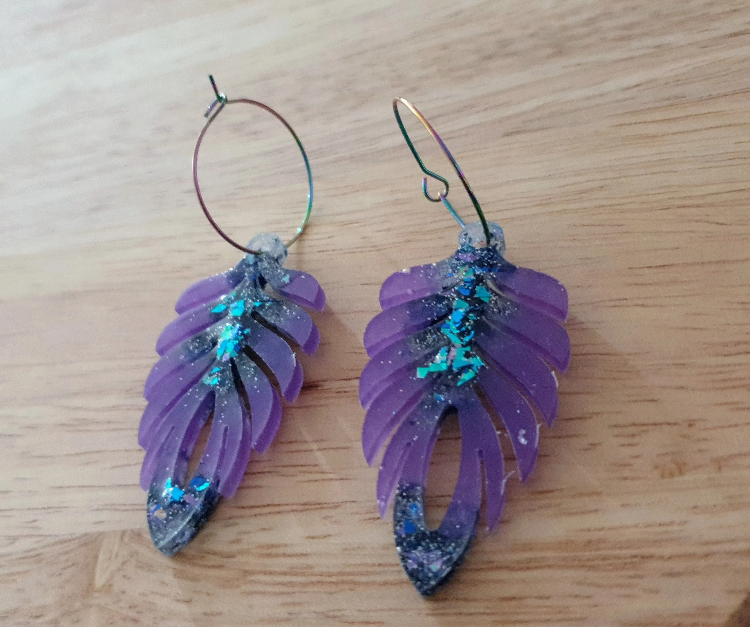 Purple Blue Long Feather Dangle Hoop Earrings, Multicoloured Glitter Resin Dangles, Statement Earrings