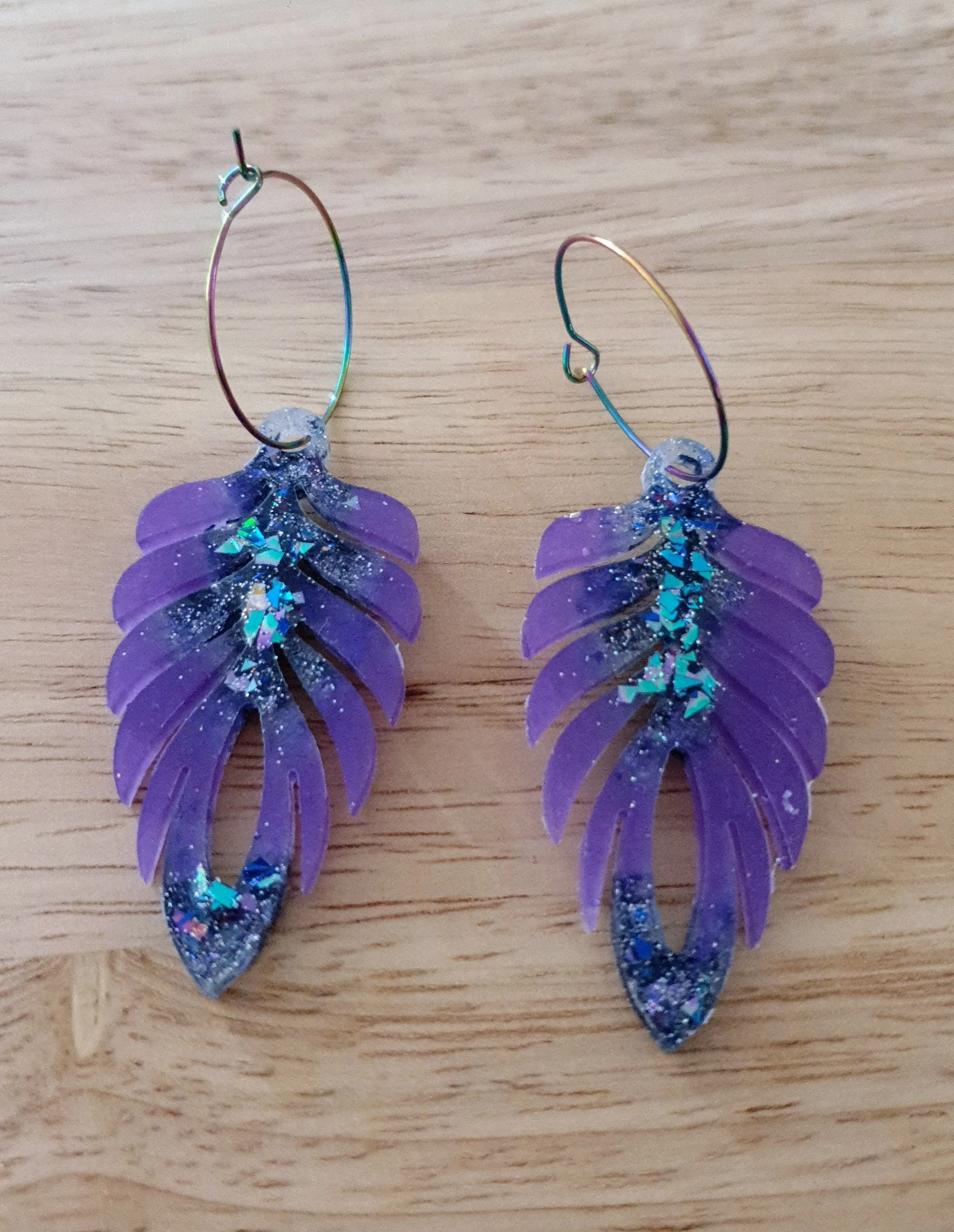 Purple Blue Long Feather Dangle Hoop Earrings, Multicoloured Glitter Resin Dangles, Statement Earrings