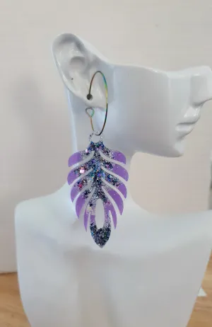 Purple Blue Long Feather Dangle Hoop Earrings, Multicoloured Glitter Resin Dangles, Statement Earrings