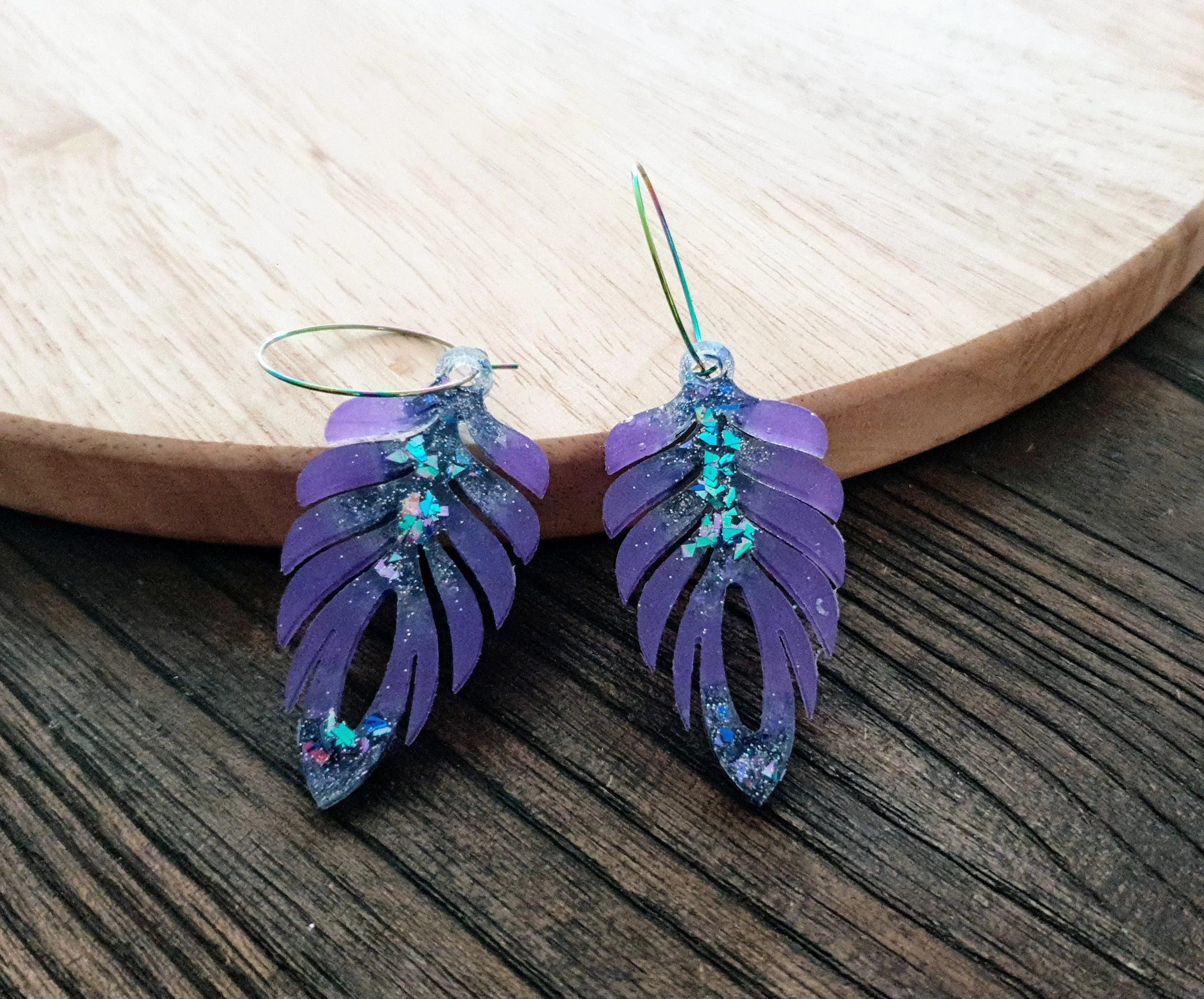 Purple Blue Long Feather Dangle Hoop Earrings, Multicoloured Glitter Resin Dangles, Statement Earrings