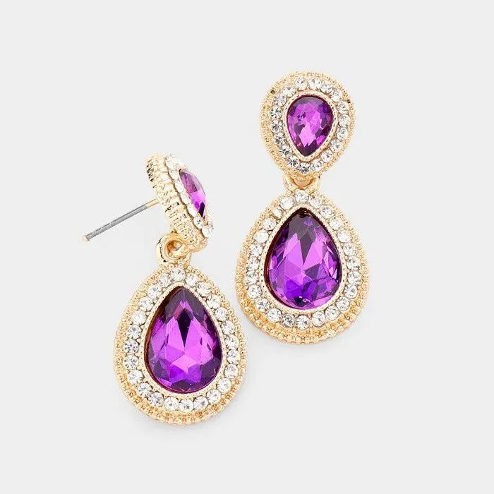 Purple Crystal Teardrop Gold Earrings