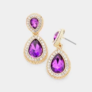 Purple Crystal Teardrop Gold Earrings