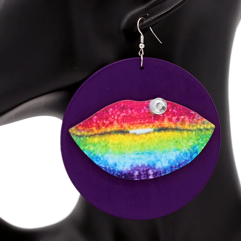Purple Multicolor Big Lip Wooden Earrings