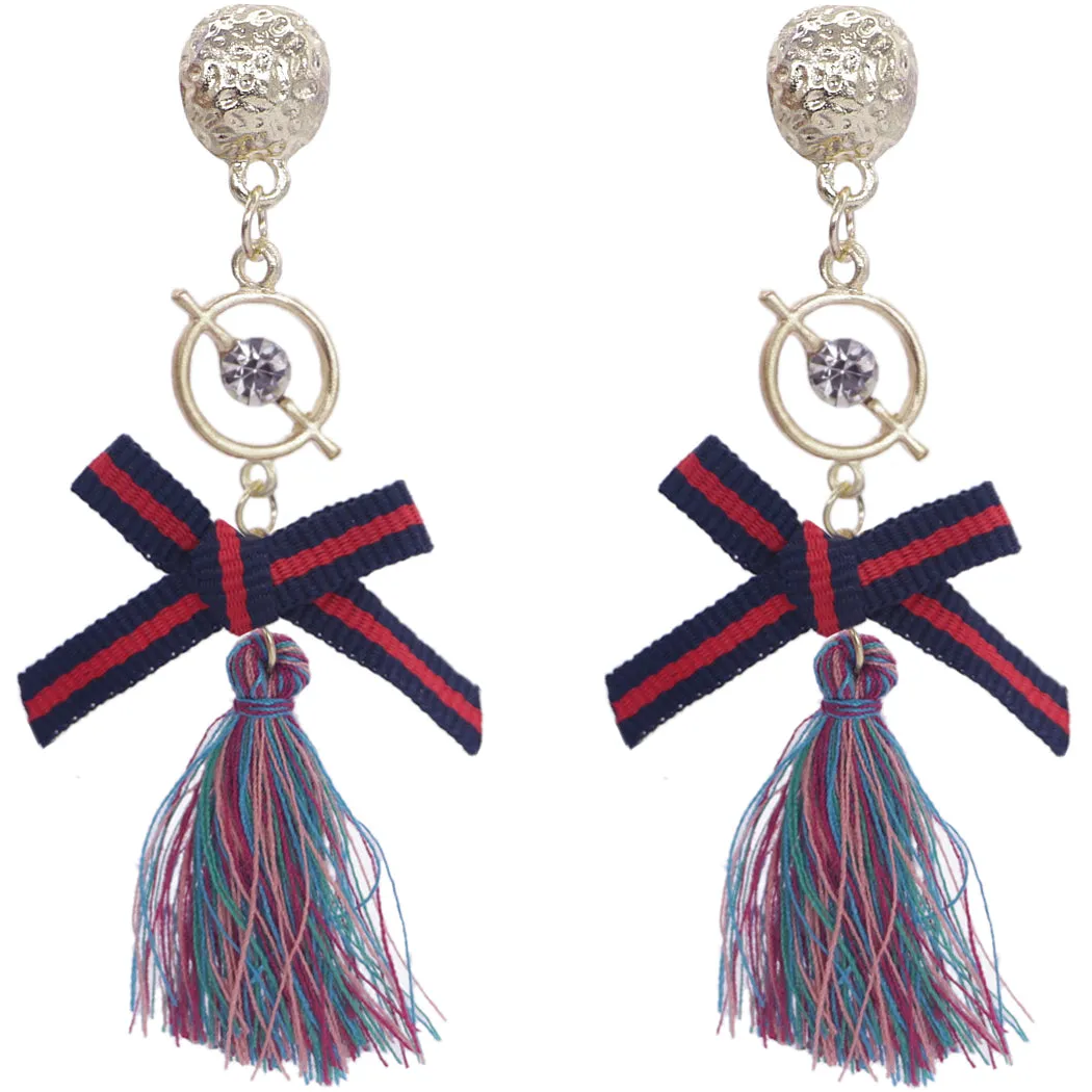 Purple Multicolor Ribbon Bow Tassel Dangle Earrings