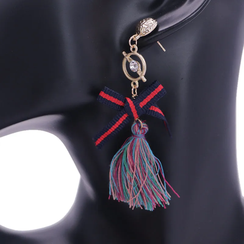 Purple Multicolor Ribbon Bow Tassel Dangle Earrings