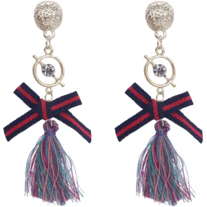 Purple Multicolor Ribbon Bow Tassel Dangle Earrings