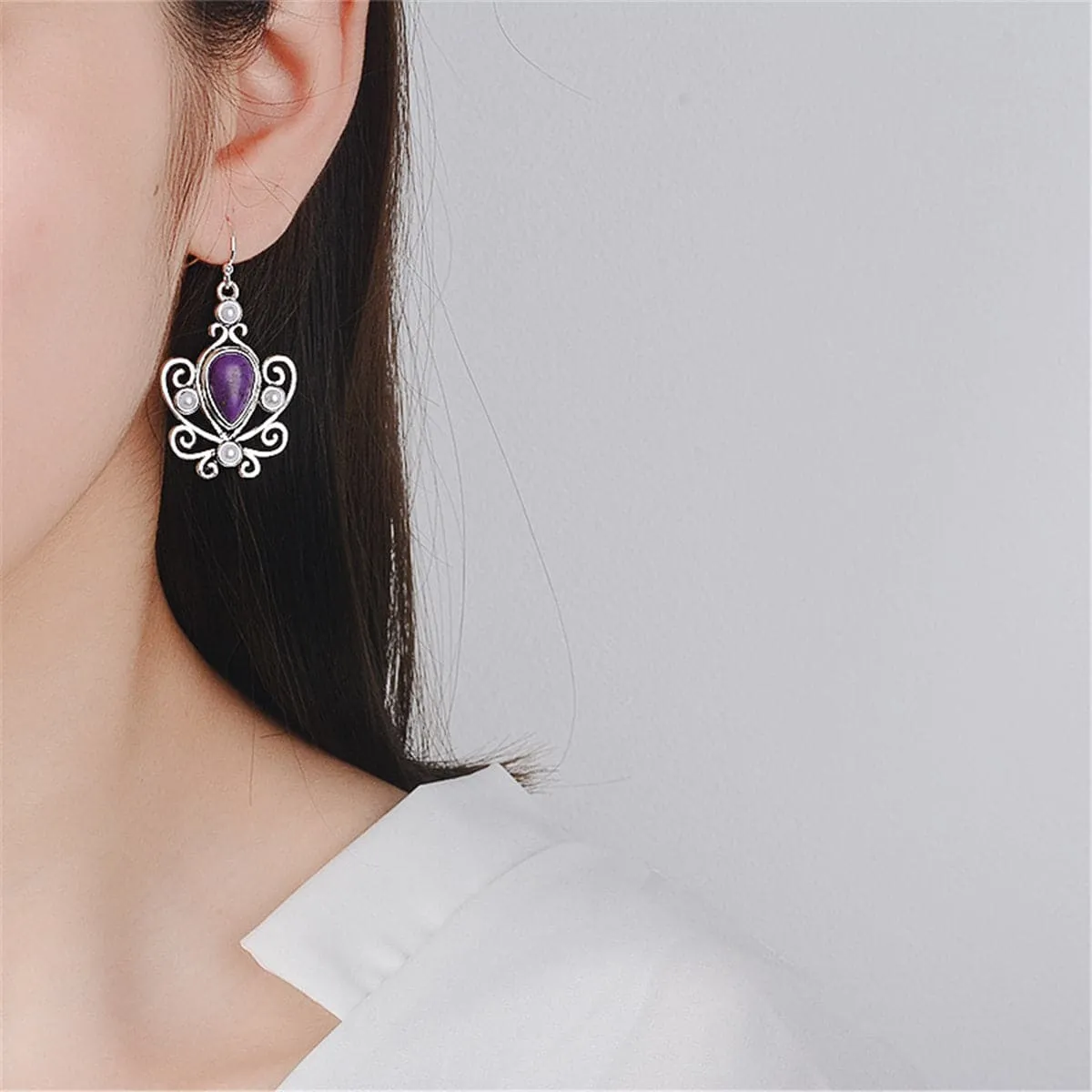 Purple Turquoise & Pearl Pear Cut Drop Earrings