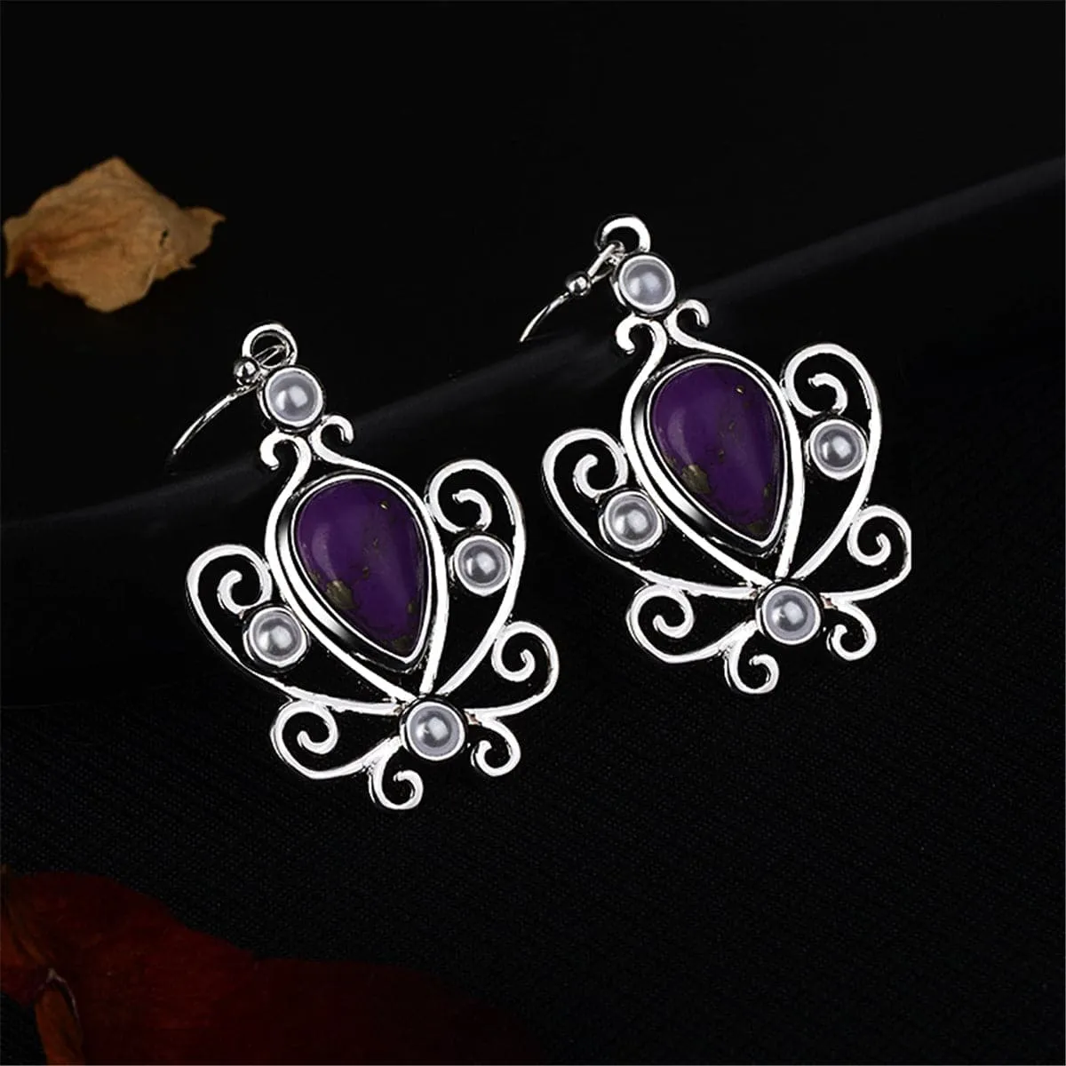 Purple Turquoise & Pearl Pear Cut Drop Earrings
