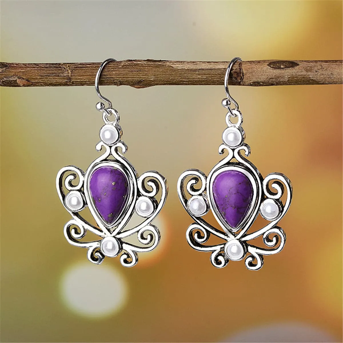 Purple Turquoise & Pearl Pear Cut Drop Earrings