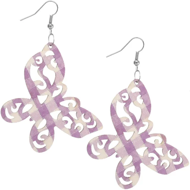 Purple Wooden Gingham Cutout Butterfly Earrings